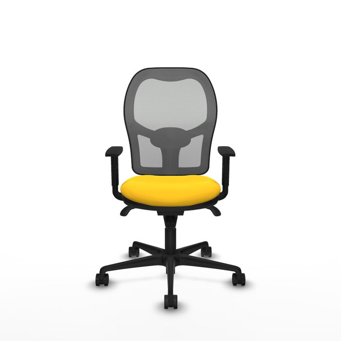 Silla de oficina Jorquera con mecanismo Sincro tapizada con Similpiel color Amarillo y malla color Gris. Equipada con lumbar 1D, Brazos 1D y Ruedas 65mm nailon