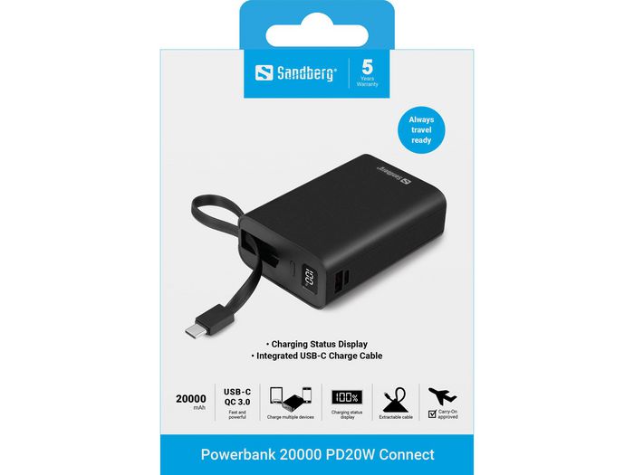 Sandberg Powerbank 20000 mAh PD20W Connect - Batería Externa Portátil con Carga Rápida USB-C de 20W y Cable Integrado, para Móvil y Tablet Sandberg Powerbank 20000 mAh PD20W Connect - Batería Externa Portátil con Carga Rápida USB-C de 20W y Cable Integrado, para Móvil y Tablet