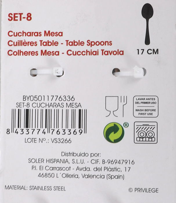 Privilege Set-8 Cucharas de Mesa Privilege 21 cm (ancho) x 8 cm (alto) x 3 cm (largo) (24 Unidades)