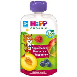 HIPP Compota Bio de Melocotón, Manzana y Frutos del Bosque para Bebé - 100 g en Bolsita/Pouch