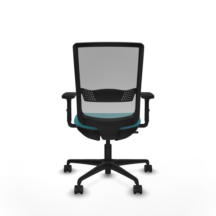 Silla de oficina Haches con mecanismo Sincro/Traslack tapizada con Tela color Turquesa y malla color Gris. Equipada con lumbar 1D, Brazos 2D y Ruedas 65mm nailon