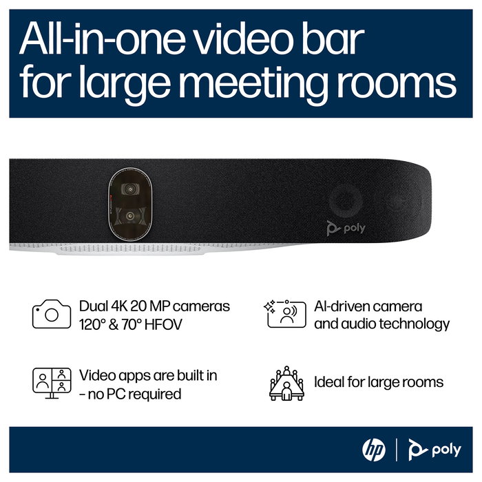 HP Poly Studio X72 All-In-One Video Bar para Videoconferencias - Negra - Sin Radio o Cable de Alimentación - TAA Compliant