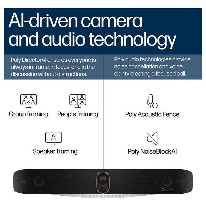 HP Poly Studio X72 All-In-One Video Bar para Videoconferencias - Negra - Sin Radio o Cable de Alimentación - TAA Compliant