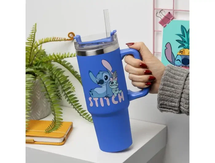 Wondee Vaso Térmico Disney Stitch 900 ml (30 fl oz) Azul Aislante con Tapa Multifuncional y Asa, 245x90x135 mm