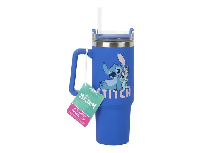 Wondee Vaso Térmico Disney Stitch 900 ml (30 fl oz) Azul Aislante con Tapa Multifuncional y Asa, 245x90x135 mm
