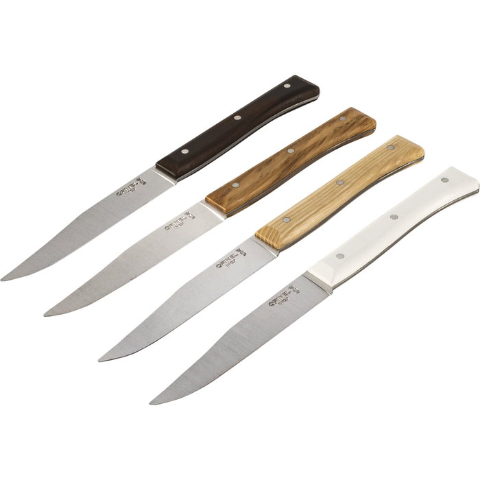 Opinel Set de Cuchillos de Mesa Facette Mix de 4 Piezas de 11 cm de Hoja de Acero Inoxidable de Variados Mangos de Madera y Eco Materiale de Colores Marrón y Plateado