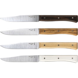 Opinel Set de Cuchillos de Mesa Facette Mix de 4 Piezas de 11 cm de Hoja de Acero Inoxidable de Variados Mangos de Madera y Eco Materiale de Colores Marrón y Plateado