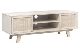 DKD Home Decor Mueble TV Romántico Blanco Roto Mango y Ratán 128 x 40 x 45 cm