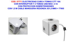 Electricidad Finscubo 4 Tomas con TT, 16A y USB con cable de 1,5m
