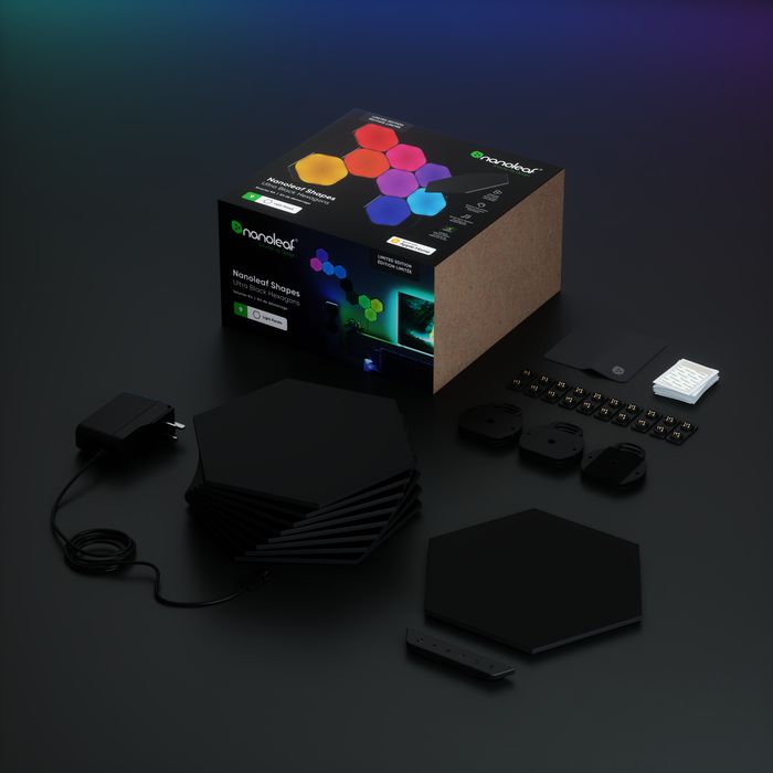 Nanoleaf Shapes Hexagons Ultra Black Edition Kit Inicio 9 Paneles LED Inteligentes RGB, Control Táctil y Música - Edición Limitada