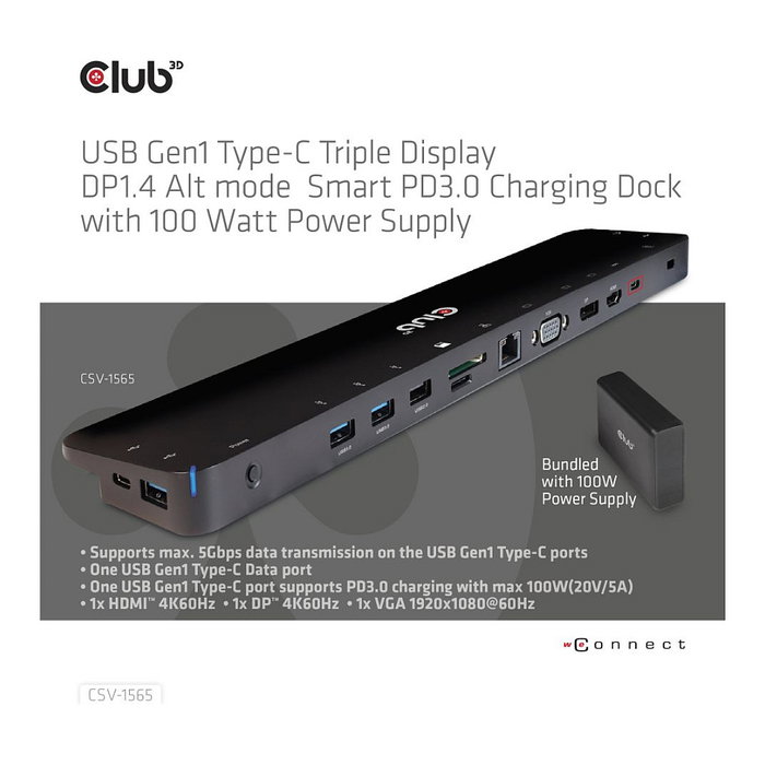 Club3D USB Gen1 Type-C Triple Display DP1.4 Alt mode Smart PD3.0 Charging Dock con fuente de 100W, 5xUSB3/DP/HDMI/VGA/LAN