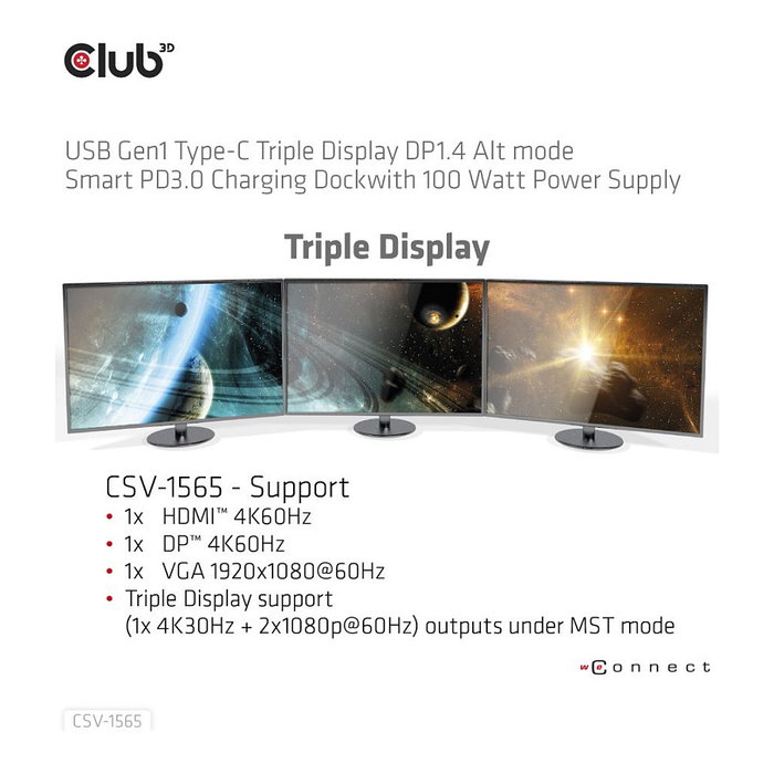 Club3D USB Gen1 Type-C Triple Display DP1.4 Alt mode Smart PD3.0 Charging Dock con fuente de 100W, 5xUSB3/DP/HDMI/VGA/LAN