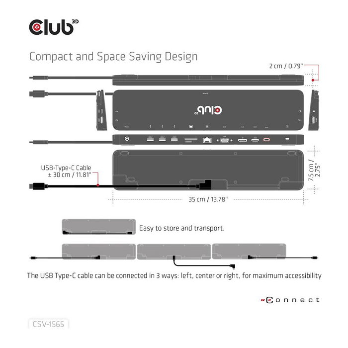Club3D USB Gen1 Type-C Triple Display DP1.4 Alt mode Smart PD3.0 Charging Dock con fuente de 100W, 5xUSB3/DP/HDMI/VGA/LAN