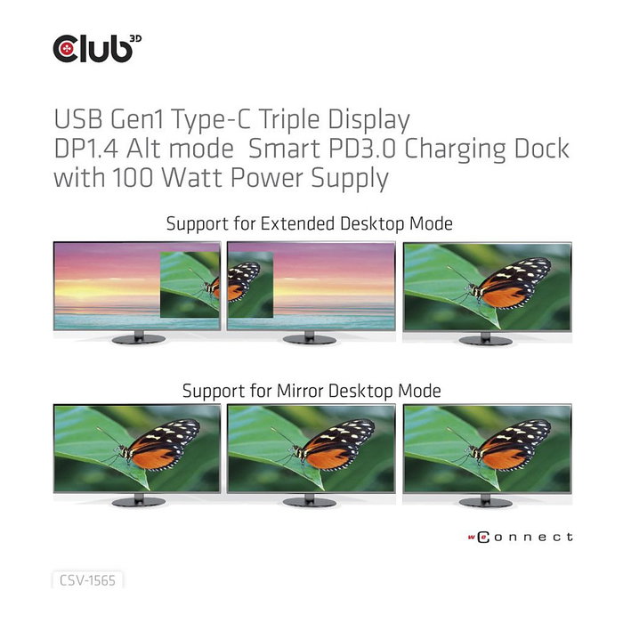 Club3D USB Gen1 Type-C Triple Display DP1.4 Alt mode Smart PD3.0 Charging Dock con fuente de 100W, 5xUSB3/DP/HDMI/VGA/LAN