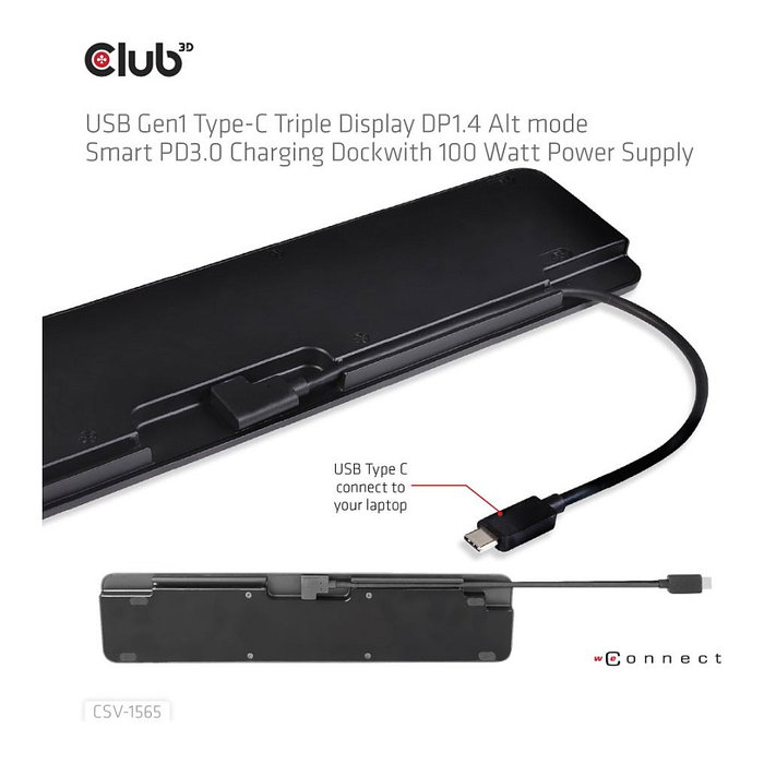 Club3D USB Gen1 Type-C Triple Display DP1.4 Alt mode Smart PD3.0 Charging Dock con fuente de 100W, 5xUSB3/DP/HDMI/VGA/LAN
