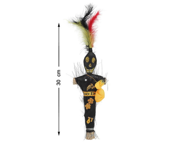 Muñeco Voodoo para Halloween - 30 cm con Plumas y Detalles en Negro y Amarillo - Decoración Temática, Fiesta y Accesorio Muñeco Voodoo para Halloween - 30 cm con Plumas y Detalles en Negro y Amarillo - Decoración Temática, Fiesta y Accesorio