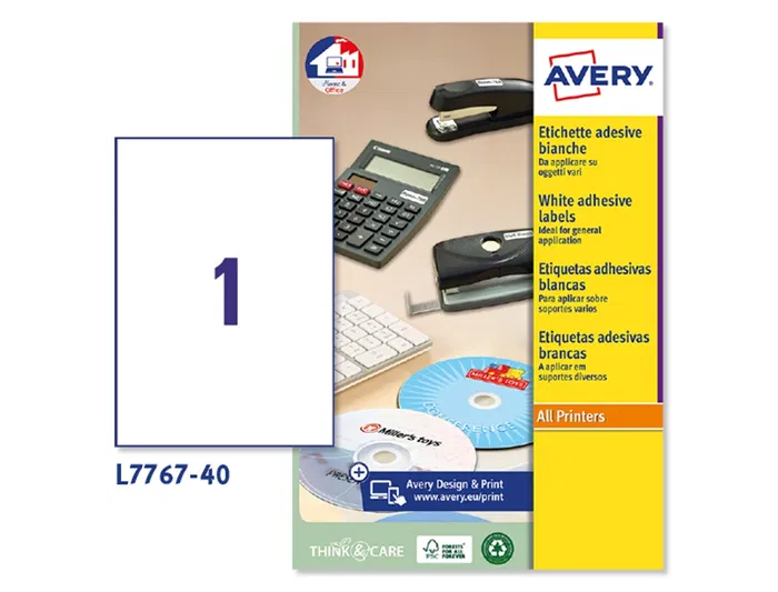 Avery Etiqueta Adhesiva Blanca Brillante Láser 210x297 mm Caja de 40 Unidades Avery Etiqueta Adhesiva Blanca Brillante Láser 210x297 mm Caja de 40 Unidades