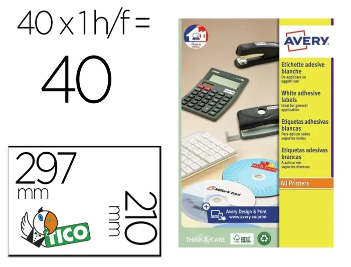 Avery Etiqueta Adhesiva Blanca Brillante Láser 210x297 mm Caja de 40 Unidades Avery Etiqueta Adhesiva Blanca Brillante Láser 210x297 mm Caja de 40 Unidades