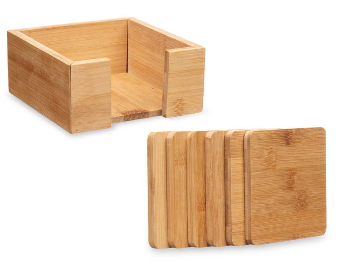 Kinvara Set 6 Posavasos Cuadrados Bambú con Soporte 12x6x12cm - Piezas de 10x10x0.9 cm (Set de 12)