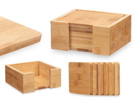 Kinvara Set 6 Posavasos Cuadrados Bambú con Soporte 12x6x12cm - Piezas de 10x10x0.9 cm (Set de 12)