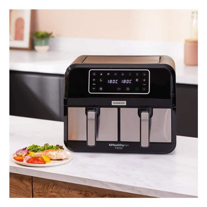Kenwood HFM20.000MB Airfryer kHealthy Twin 2x4L - Freidora de aire sin aceite, 2 cestos de 4L, color negro y plata