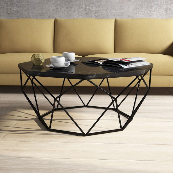 Hanah Home Mesa de Centro Diamond Black Marble Industrial Moderna, Tablero Melamina Negro Mármol, Metal, 90x90x38 cm
