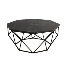Hanah Home Mesa de Centro Diamond Black Marble Industrial Moderna, Tablero Melamina Negro Mármol, Metal, 90x90x38 cm