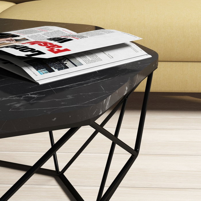 Hanah Home Mesa de Centro Diamond Black Marble Industrial Moderna, Tablero Melamina Negro Mármol, Metal, 90x90x38 cm