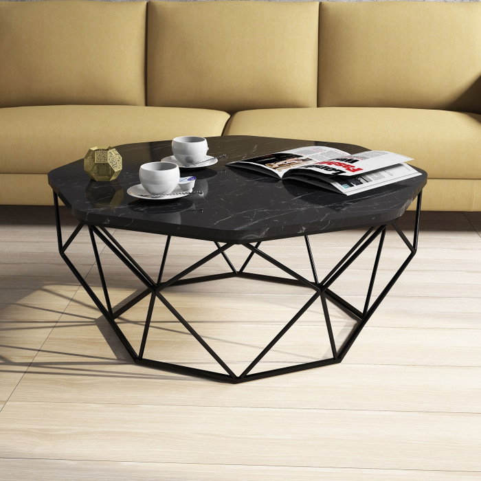 Hanah Home Mesa de Centro Diamond Black Marble Industrial Moderna, Tablero Melamina Negro Mármol, Metal, 90x90x38 cm
