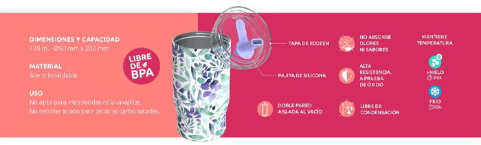 QUOKKA Taza Termo 720ml Acero Inoxidable con Pajita Mist Ivory - Térmico para Bebidas