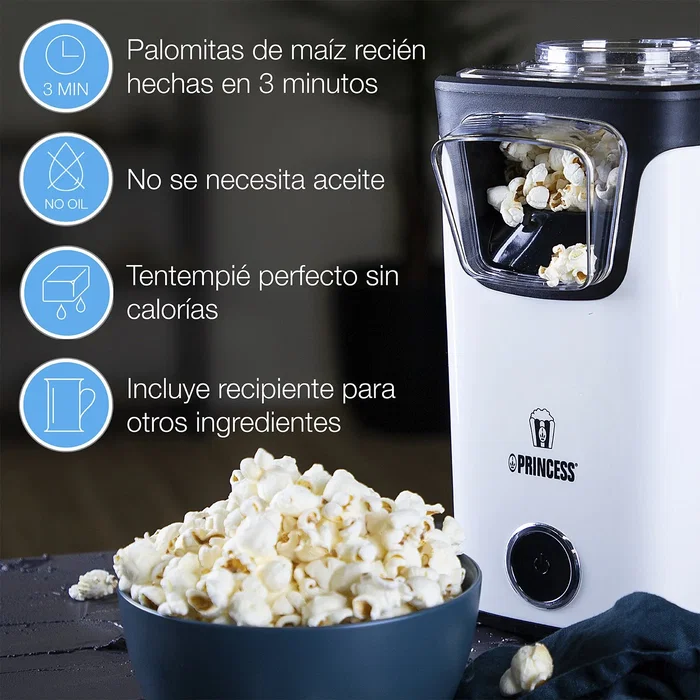 Princess 292986 Máquina de Palomitas, Palomitera de 1100W, Tapa Transparente con Apertura para Relleno, Prepara en 3 Minutos, Color Negro y Blanco