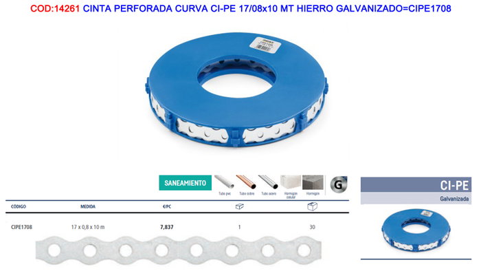 Cinta Perforada Curva CI-PE 17/08 de 10 Metros en Hierro Galvanizado Cinta Perforada Curva CI-PE 17/08 de 10 Metros en Hierro Galvanizado