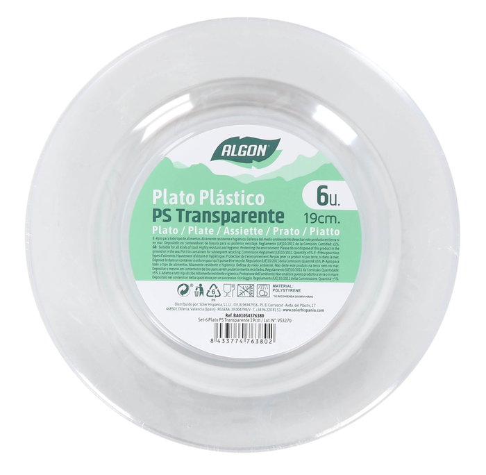 Algon Set 6 Platos Transparentes de Plástico (PS) de 19 cm (24 Unidades)
