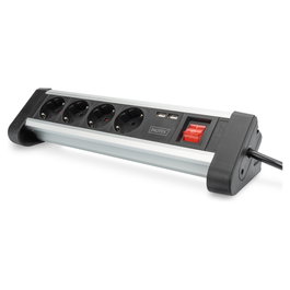 Digitus Regleta de alimentación DA-70614 con 4 tomas y 2 puertos USB, Negro/Plata