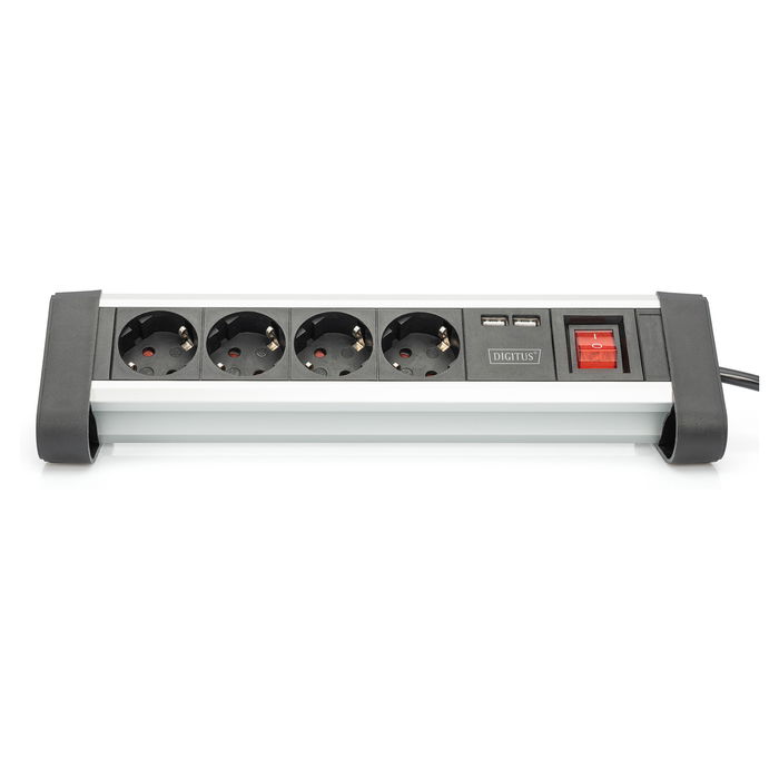 Digitus Regleta de Alimentación 4 Tomas con 2 Puertos USB y Interruptor, Negro/Plata, Cable 1,5m