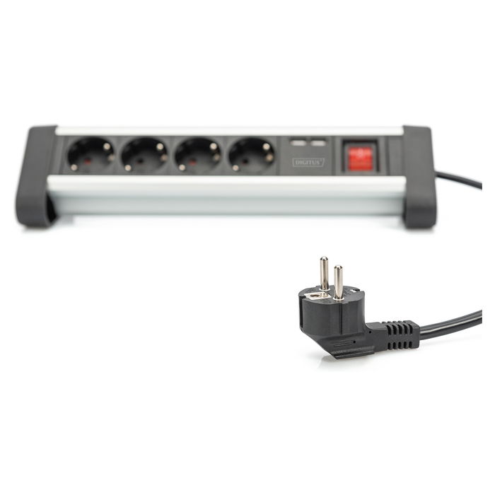 Digitus Regleta de Alimentación 4 Tomas con 2 Puertos USB y Interruptor, Negro/Plata, Cable 1,5m