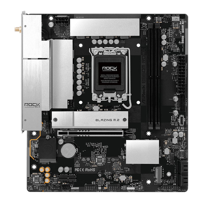 ASRock B860M Rock WiFi Micro ATX - Placa Base Intel B860, Socket LGA 1851 para Intel Core Ultra 2, DDR5 128GB, HDMI, DP, Wi-Fi 6E, Bluetooth 5.3