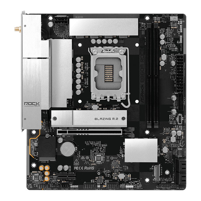 ASRock B860M Rock WiFi Micro ATX - Placa Base Intel B860, Socket LGA 1851 para Intel Core Ultra 2, DDR5 128GB, HDMI, DP, Wi-Fi 6E, Bluetooth 5.3