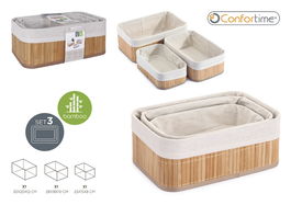Confortime - Set de 3 Cestas de Ordenación de Bambú Natural, Medidas: 30x20x12 cm, 28x18x10 cm y 25 cm de Diámetro (6 Unidades)