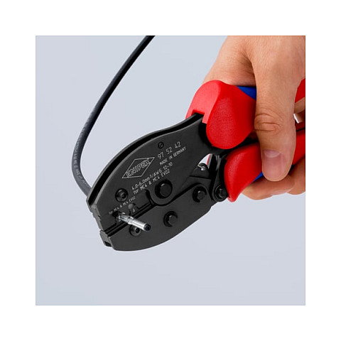 Knipex 97 52 42 PreciForce Crimpzange para terminales MC4/EVO2, herramienta de prensado, cable 10-12 AWG (4-6 mm), color azul y rojo