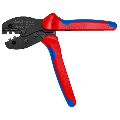 Knipex 97 52 42 PreciForce Crimpzange para terminales MC4/EVO2, herramienta de prensado, cable 10-12 AWG (4-6 mm), color azul y rojo