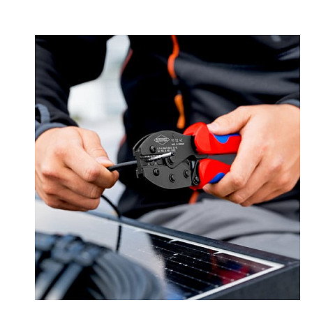 Knipex 97 52 42 PreciForce Crimpzange para terminales MC4/EVO2, herramienta de prensado, cable 10-12 AWG (4-6 mm), color azul y rojo