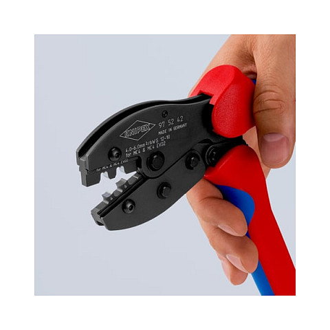 Knipex 97 52 42 PreciForce Crimpzange para terminales MC4/EVO2, herramienta de prensado, cable 10-12 AWG (4-6 mm), color azul y rojo