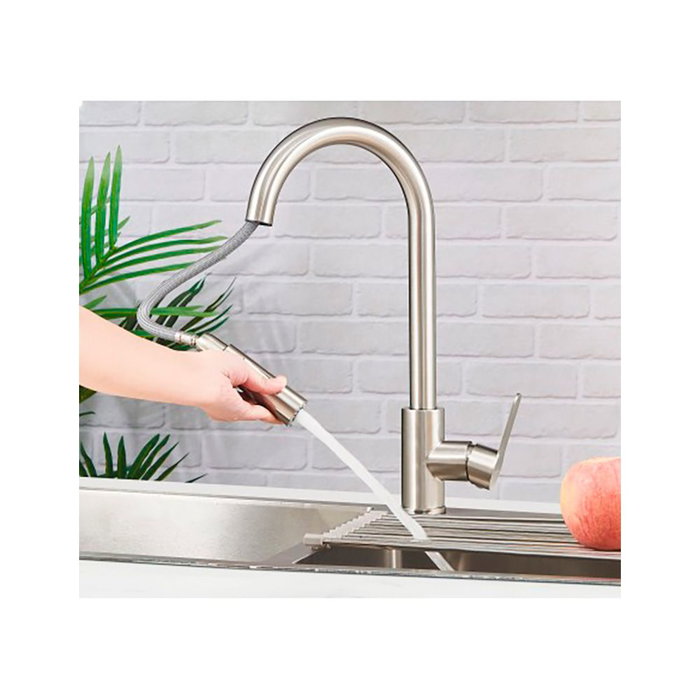 Verhal Grifo de Cocina Monomando Miño - Caño Alto Extraíble Giratorio Plateado Mate, Acero Inoxidable 304, Cartucho Ø35, Incluye Flexos