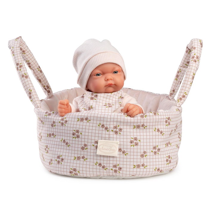 Muñecas Antonio Juan 84101 Pitu Capazo - Muñeca Bebé de Juguete Realista con Capazo Portátil Estampado Floral para Niños +2 Años