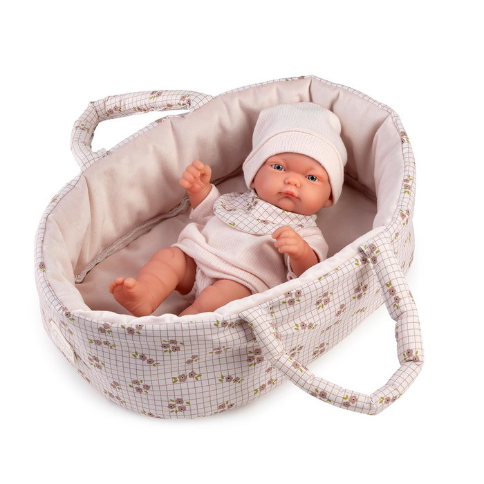 Muñecas Antonio Juan 84101 Pitu Capazo - Muñeca Bebé de Juguete Realista con Capazo Portátil Estampado Floral para Niños +2 Años