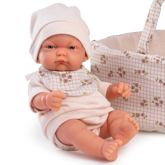 Muñecas Antonio Juan 84101 Pitu Capazo - Muñeca Bebé de Juguete Realista con Capazo Portátil Estampado Floral para Niños +2 Años