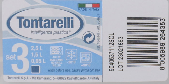 Tontarelli Set de 3 Fiambreras Cuadradas, Capacidades 1L / 1.5L / 2.5L, Material Tritán, Color Blanco, 20x20x9.4 cm por Pieza (20 Cajas)