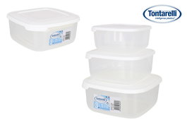 Tontarelli Set de 3 Fiambreras Cuadradas, Capacidades 1L / 1.5L / 2.5L, Material Tritán, Color Blanco, 20x20x9.4 cm por Pieza (20 Cajas)