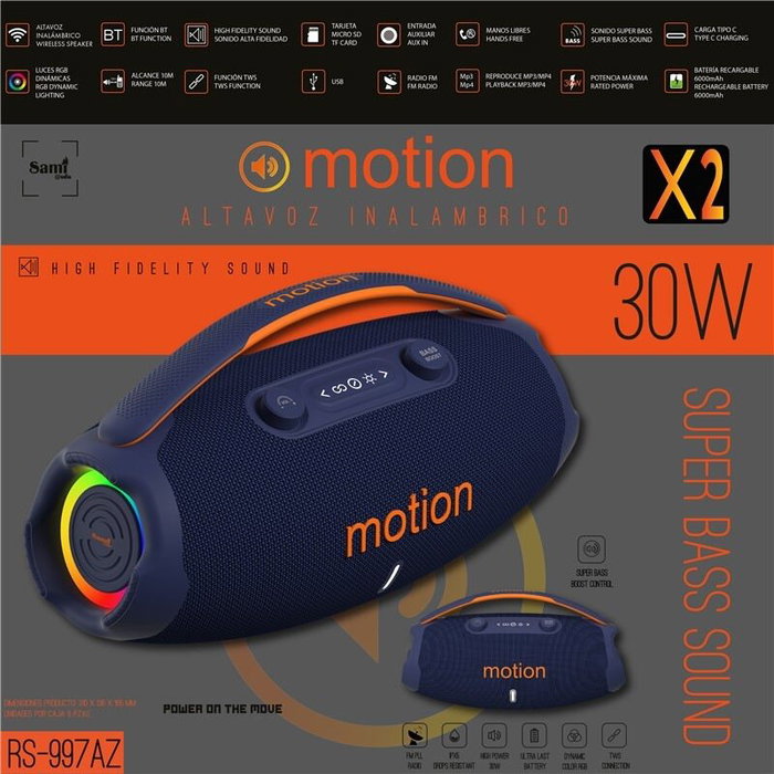 SAMI Altavoz MOTION X2 30W XL, Azul, Multimedia Alta, Altavoz Bluetooth